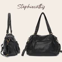 STEPHIECATHY Solid Color Washed PU Leather, Zipper Closure, Multi-Pocket Design, Women's Shoulder Crossbody Bag, Casual & Practical, Suitable For Daily Life - Black - View 2
