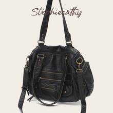 STEPHIECATHY Solid Color Washed PU Leather, Zipper Closure, Multi-Pocket Design, Women's Shoulder Crossbody Bag, Casual & Practical, Suitable For Daily Life - Black - View 6