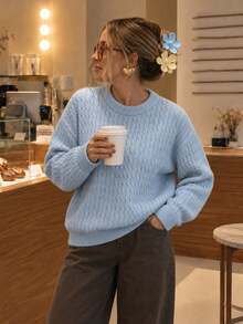 Roviva Women's Autumn Elegant Casual Commute Round Neck Cable Knit Sweater Top, Suitable For Party, Gathering, Holiday, Birthday Party, Work Commute - Blue - View 4