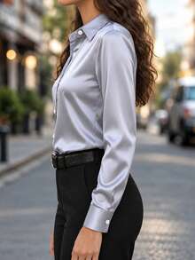 Women's New Arrival Satin Button-Down Shirt, Fashionable, Versatile, Suitable For All Seasons Spring - Grey - View 4