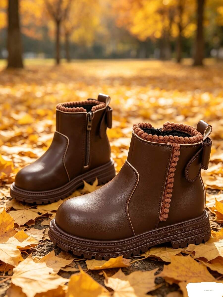 1 Pair Girls' Short Chelsea Boots, Soft PU + Back Bow Decor, Round Toe Elastic Soft Sole Inner Zipper Design, Cute Casual Princess Boots, Suitable For Daily School, Holiday, Party, Autumn/Winter New Style