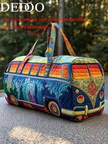 Dedoo 復古嬉皮露營車印花旅行行李袋，和平符號與花卉週末托特包，女款休閒波希米亞風度假大容量收納包（隨機手柄款式） - 彩色 - 查看 3