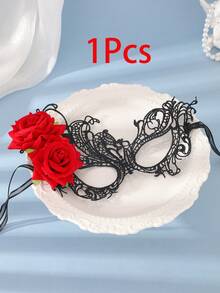 Black Lace Red Rose Masquerade Mask Hair Accessory, Suitable For Bridal Wedding, Bachelorette Party, Halloween Decoration - Black - View 9