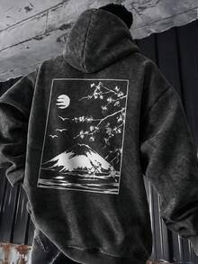 Men's Washed Print Hooded Sweatshirt, Casual Comfortable Loose Fit Mount & Cherry Blossom Print Hoodie - Black - View 1