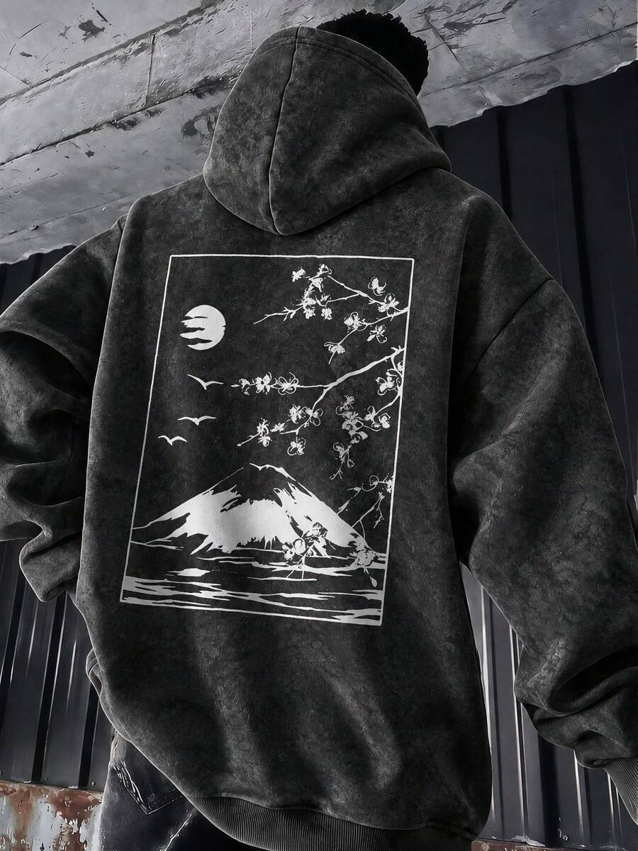 Men's Washed Print Hooded Sweatshirt, Casual Comfortable Loose Fit Mount & Cherry Blossom Print Hoodie - Black - View 1