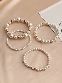 NAIZHU 4pcs Elegant Vintage Faux Pearl Bracelet Set Suitable For Women's Daily Wear, Dating And Party - White - View 3