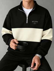 Men's Autumn/Winter Casual Fashion Versatile Color-Block Minimalist "MILANO" Print Comfortable Half-Zip Long Sleeve Sweatshirt - Black - View 3