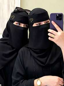 1pc Women's Solid Color Heart Gold Splatter Niqab, Lightweight Breathable Tie-Up Mask, Suitable For Daily Wear - Black - View 4