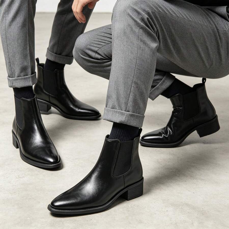 Men's Chelsea Boots Thick Sole Pointed Toe Elegant Vintage Style - Black - View 1