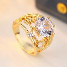 Vintage Hollow Out Ring For Women, Round Synthetic Zirconia Vine Leaf Design, Versatile Jewelry For Daily Commute & Wedding Banquet - Gold - View 5