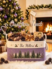 Personalized Christmas Storage Basket, Customized Embroidered Name Holiday Basket, Holiday Books And Toys Organizer, Cozy Christmas Home Decor, Customized Gift For Family, Fireplace And Living Room Decoration - Multicolor - View 2