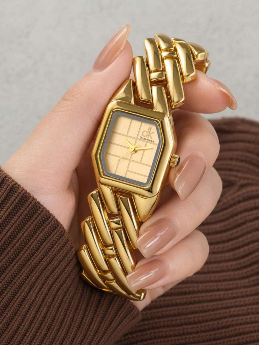 LIANDU 1 Niche Retro Gold Stainless Steel Square Small Dial Watch, Fashionable, Elegant And Gorgeous Style Women's Watch, Suitable For Daily Wear - Gold - View 1
