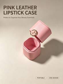 Armani Nude Pink Luxury PU Leather Portable Lipstick Storage Box With Metal Round Buckle Dust-Proof Lip Balm Protective Tube Travel Carry-On Multi-Functional Makeup Organizer For Earrings And Mini Perfume - Pink Lipstick Organizer - View 4