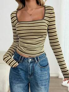 Women's Square Neck Striped Long Sleeve Top, Slim Fit Cropped Tee, Retro Casual Basic Shirt - Brown Apricot - View 6