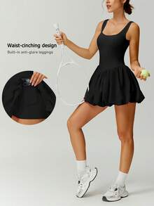 NcmRyu 1pc Women's Fashion Elastic Round Neck Wide Strap Waist-Cinching Backless Anti-Exposure Safety Shorts Skirt Hem Sports Tennis Dress - Black - View 1
