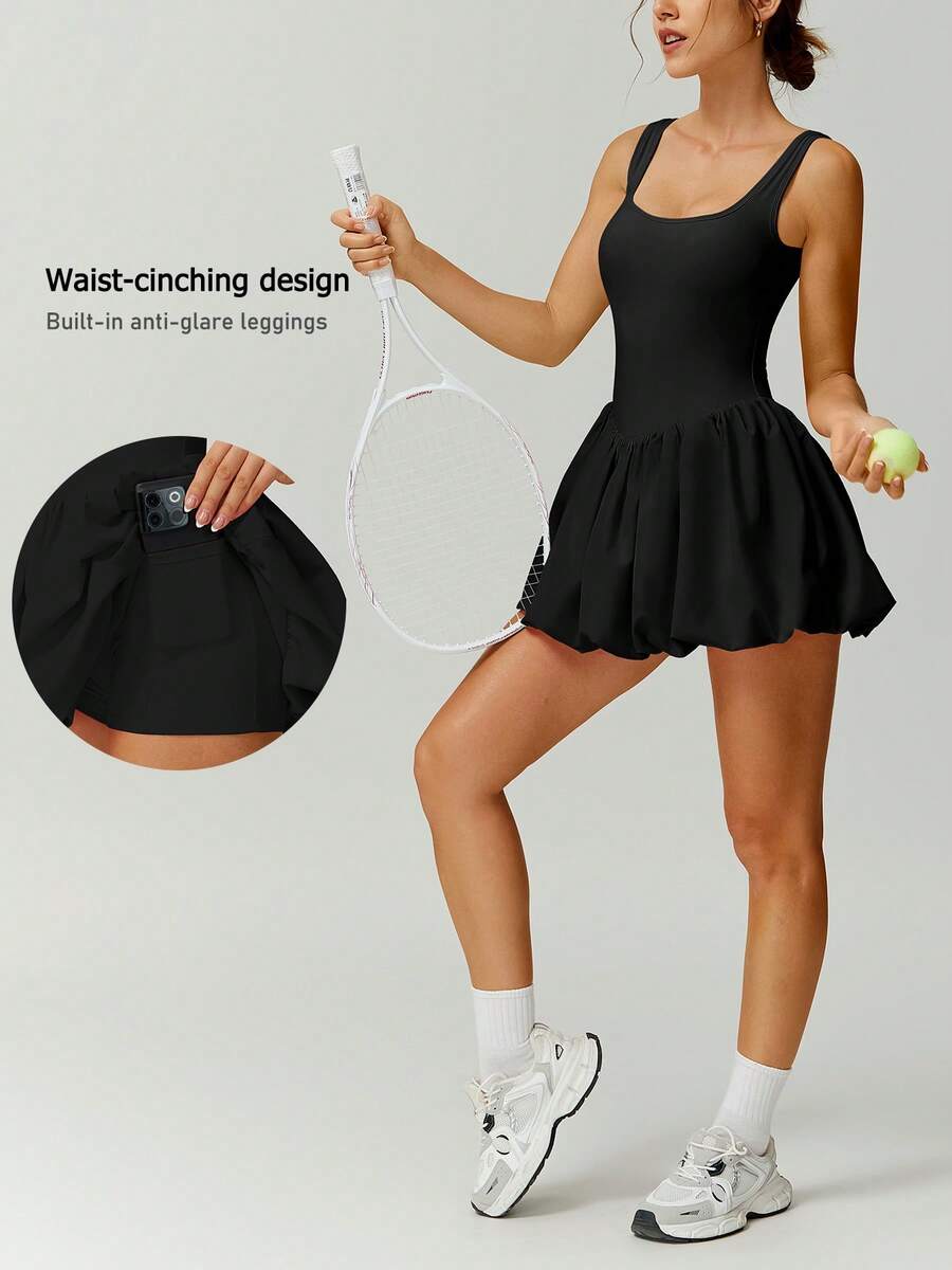 NcmRyu 1pc Women's Fashion Elastic Round Neck Wide Strap Waist-Cinching Backless Anti-Exposure Safety Shorts Skirt Hem Sports Tennis Dress - Black - View 1