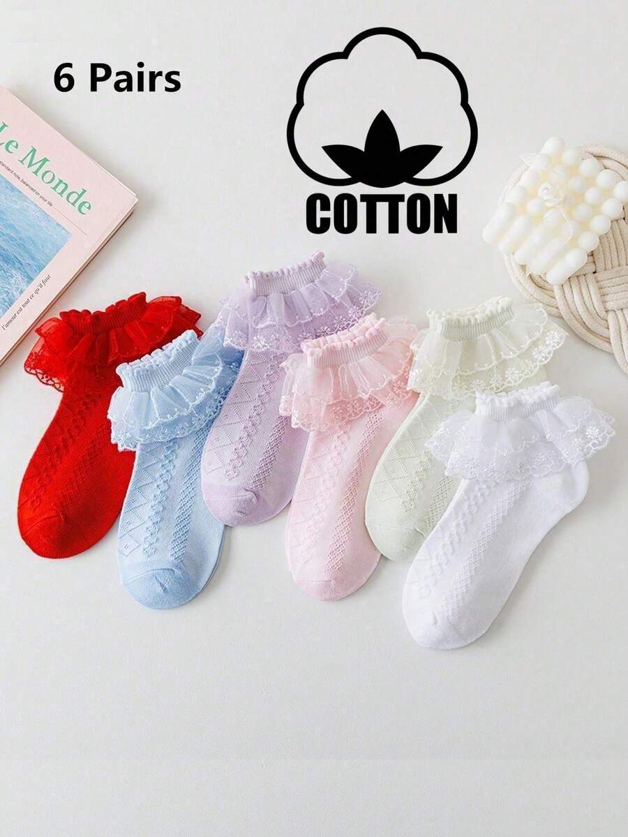 6 Pairs Solid Color Cotton Lace Trim Children's Dance Princess Fashion Versatile Party Socks - Multicolor - View 1