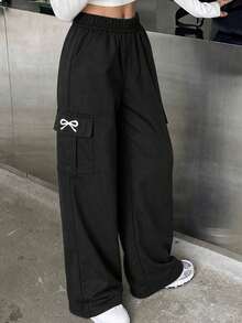1pc Tween Girls Casual Butterfly Print Loose Cargo Pants With Big Pockets, Comfortable & Versatile - Black - View 10