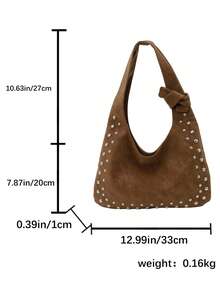 Vintage Brown Faux Suede Rivet Underarm Bag For Women, American Y2K Style Crescent-Shaped Shoulder Bag, Side Metal Rivet Decoration, Knotted Shoulder Strap, Niche Hot Girl Bag - Coffee - View 2