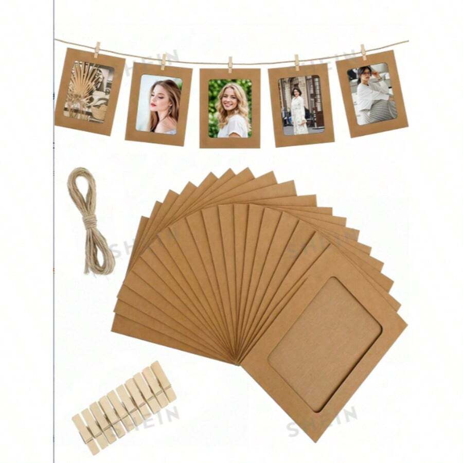 20/10/1pc Vintage Kraft Paper Photo Frame With Clips And Jute Rope, For Banner Home Decor, Suitable For Wedding, Anniversary, Birthday, Holiday Party, Clip-On Photo Display Rack, Multi-Functional Hanging Photo Banner, Suitable For Home And Office Decoration - Picture Frame - View 1