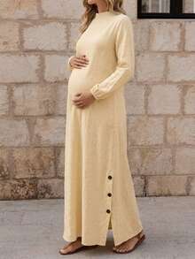 Apricot Maternity Maxi Dress - Non-Stretch Long Sleeve With Small Stand Collar And Side Button Design, Suitable For Baby Baptism, Photoshoot And Daily Wear - Apricot - View 4