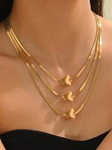 1pc Fashionable Exquisite 3-Layer Flat Snake Chain Heart Pendant Layered Collarbone Necklace, Suitable For Women's Daily Wear, Holiday Gift And Birthday Gift - Gold-heart - View 3