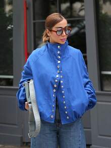 Solstice Apparel Klein Blue Stand Collar Jacket, Asymmetric Metal Button Ruched Balloon Sleeve Coat - Blue - View 10