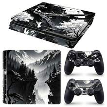 Ink Wash Landscape Pattern Vinyl Sticker Set Compatible With PS4 Slim, Full Set Includes Console Sticker + 2 Controller Stickers, High-Quality PVC Material, Scratch-Resistant And Wear-Resistant, Removable Without Residue Game Console Decorative Film - View 1