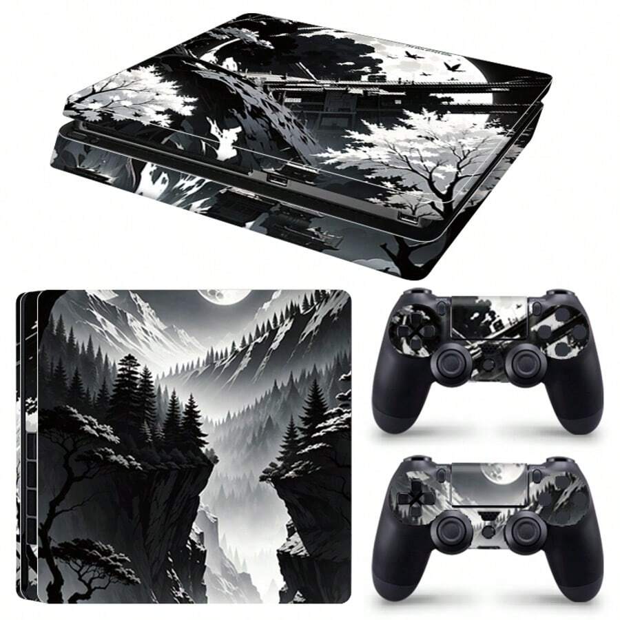 Ink Wash Landscape Pattern Vinyl Sticker Set Compatible With PS4 Slim, Full Set Includes Console Sticker + 2 Controller Stickers, High-Quality PVC Material, Scratch-Resistant And Wear-Resistant, Removable Without Residue Game Console Decorative Film - View 1