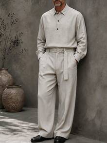GOLDREDY New Chinese Style Men's Long Sleeve Shirt & Loose Straight Leg Pants 2 Pieces Set, Half-Open Collar Casual - Grey - View 3