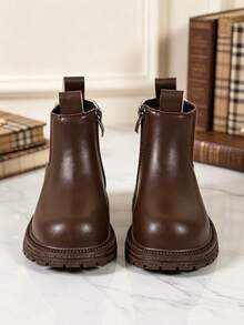 1 Pair Boys' Short Chelsea Boots, Soft PU + Elastic Fabric Material, Round Toe, Elastic Soft Sole, Inner Zipper Design, Minimalist British Style, Suitable For Daily Wear, School, Festivals, Parties, Autumn/Winter New - Coffee Brown - View 5