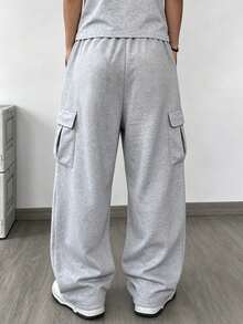 Autumn/Winter Men's Thermal Lined Wide Leg Cargo Sweatpants, Multi-Pocket Commuter Versatile Solid Color Sports Casual Long Pants - Grey - View 4