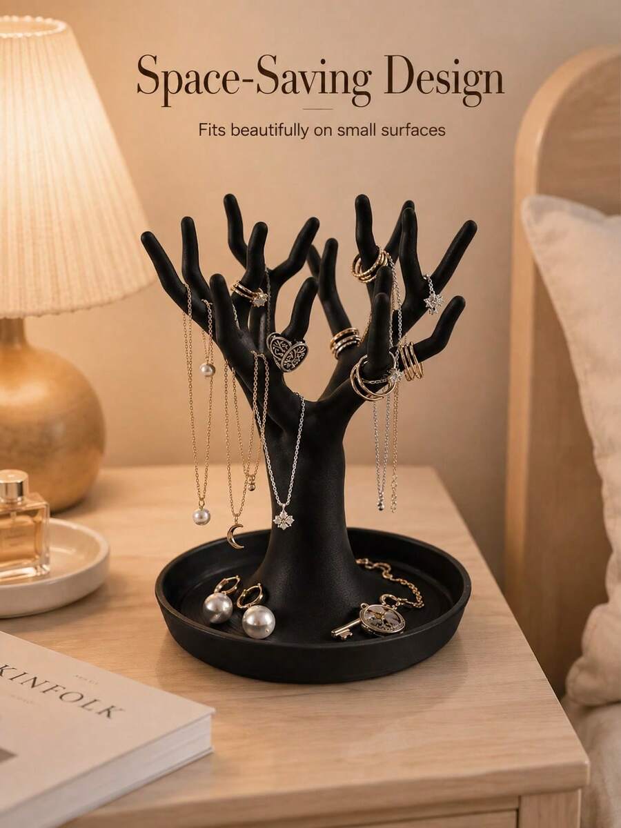 Black Resin Tree-Shaped Jewelry Display Stand, Necklace Ring Earring Storage Rack With Base, Desktop Jewelry Tree Organizer, Decorative Vanity Table Jewelry Storage Rack - Multicolor - View 1