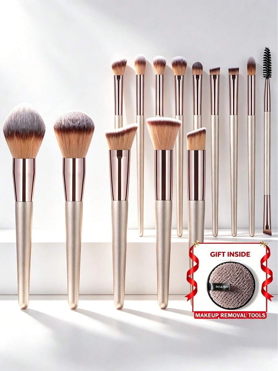 14pcs And 1pc Gift Makeup Brushes Set, Soft Dense Cosmetic Brushes For Foundation Powder Blush Eyeshadow Concealer Contour Highlight, Complete Face & Eye Makeup Brush Kit, Handles For Makeup Beginners And Daily & Party Makeup Application - Multicolor - View 1