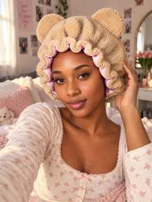 CONFLASS Cute Bear Ear Fuzzy Sleep Bonnet, Fluffy Teddy Fleece Night Cap With Satin Ruffle Trim, Soft Warm Home Sleeping Hair Cap For Women - Multicolor - View 2