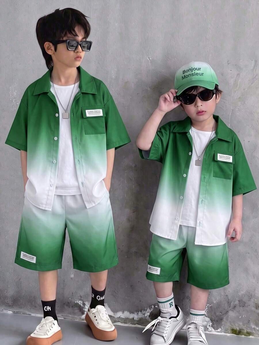 Vihyde Tween Boys Gradient Short Sleeve Shirt & Shorts 2 Pieces Set, School Daily Commute, Beach Travel, Spring/Summer Holiday (T-Shirt Not Included) - Green - View 1
