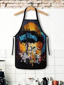 1pc/2pcs Halloween Cartoon Print Apron, Pumpkin Ghost Black Cat Spider Web Bat Pattern Adjustable Neck Strap Bib Apron, Lightweight Oil Resistant Kitchen Cooking Baking Apron, Halloween Party Cosplay Costume Accessory Home Cleaning Apron - Multicolor - View 7