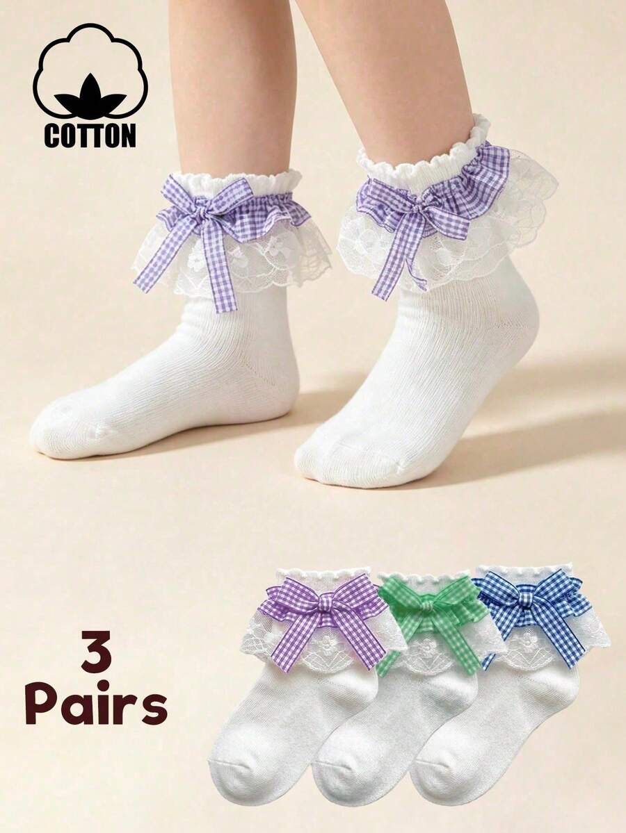 3 Pairs Cotton Kids Lace Plaid Bow Dance Ruffle Princess Fashion Versatile Party Socks - Multicolor - View 1