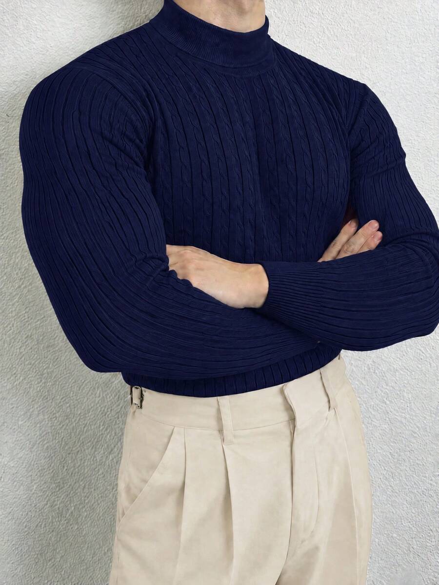 Men's Navy Blue Cable Knit Turtleneck Sweater, 3D Textured Slim Fit Pullover Knit Top, Solid Color Inner Layer For Autumn/Winter Commute