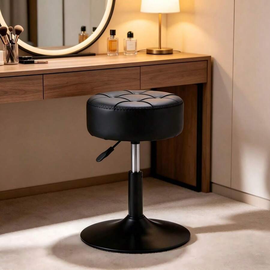 Adjustable Height Swivel Vanity Chair For Makeup - PU Leather Padded Stool With 360° Rotation - Black - View 1