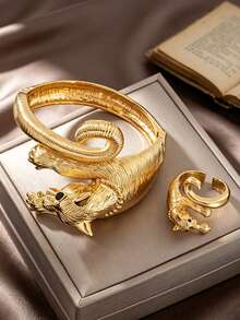 Letingsha Leopard Print Bracelet And Open Ring Set, Gold-Plated Black Enamel Spotted 3D Animal Design, Adjustable Fashion Jewelry Set, Suitable For Women's Banquet, Party And Daily Wear - Yellow Gold - View 3