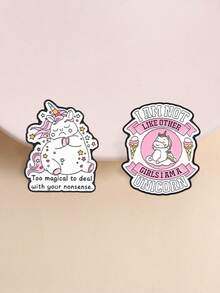 2pcs Cute Cartoon Unicorn Enamel Pin, Funny Girl Quote Badge, Fashion Accessory For Clothes And Backpacks, Gift For Unicorn Lovers - Multicolor - View 2