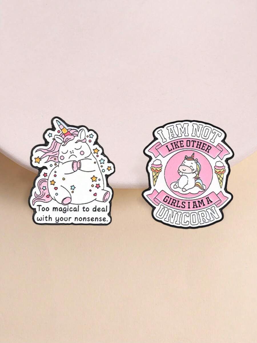 2pcs Cute Cartoon Unicorn Enamel Pin, Funny Girl Quote Badge, Fashion Accessory For Clothes And Backpacks, Gift For Unicorn Lovers