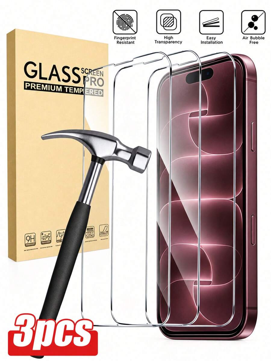 3PCS Full Coverage Tempered Glass Screen Protector, Anti-Collision, Anti-Scratch, Smooth Surface, Easy Installation, Crystal Clear, Smooth Touch, 9H Hardness, Compatible With IPhone Duo/18 Pro Max/18 Pro/18/17e/17 Pro Max/17 Pro/17 Air/17/16 Pro Max/16 Pro/16 Plus/16/15 Pro Max/15/14/13/12/11 And Other Models. Compatible With Iphone Screen Protector. - Clear - View 1