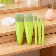 Makeup Brush Set, Mini Cute Professional Green Makeup Brush Set With Mirror And Travel Case, Foldable Makeup Brush Set With Mirror Travel Makeup Brush Set - Portable Travel Makeup Brush Set (5pcs) - Multicolor - View 5