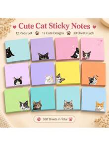 Cute Cat Sticky Notes Set, 3/6/12 Pads 90/180/360 Sheets, 7.62 X 7.62 Cm Colorful Self-Stick Memo Notes With Adorable Cat Designs For Office, School, Study, Journaling And Gifts - one-size - View 11