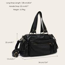 STEPHIECATHY Solid Color Washed Soft PU Faux Leather, Zipper Closure, Multi-Pocket Design, Dual Short Shoulder Straps, Adjustable Waist Belt, Unisex, Retro Casual Practical, Suitable For School & Daily Commute - Black - View 7