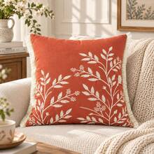 刺繡葉子抱枕套 波希米亞流蘇裝飾 客廳用 春夏單面靠墊套 尺寸 45.7x45.7cm 與 30.48x50.8cm - 亮橙色 - 查看 8