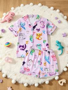 2pcs/Set Girls' Casual Cartoon Print Lapel Short Sleeve Cardigan And Shorts Sleepwear Set, Flame Retardant, All Season - Multicolor - View 1