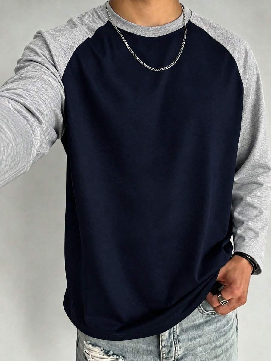 Men's Patchwork Slim Fit Raglan Sleeve Crew Neck Long Sleeve T-Shirt - Navy Blue - View 1